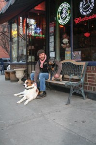 Brooklyn Ale House owner, Sean P. Connelly outside his doggie drinking hole with his dogs Balto and Bonita